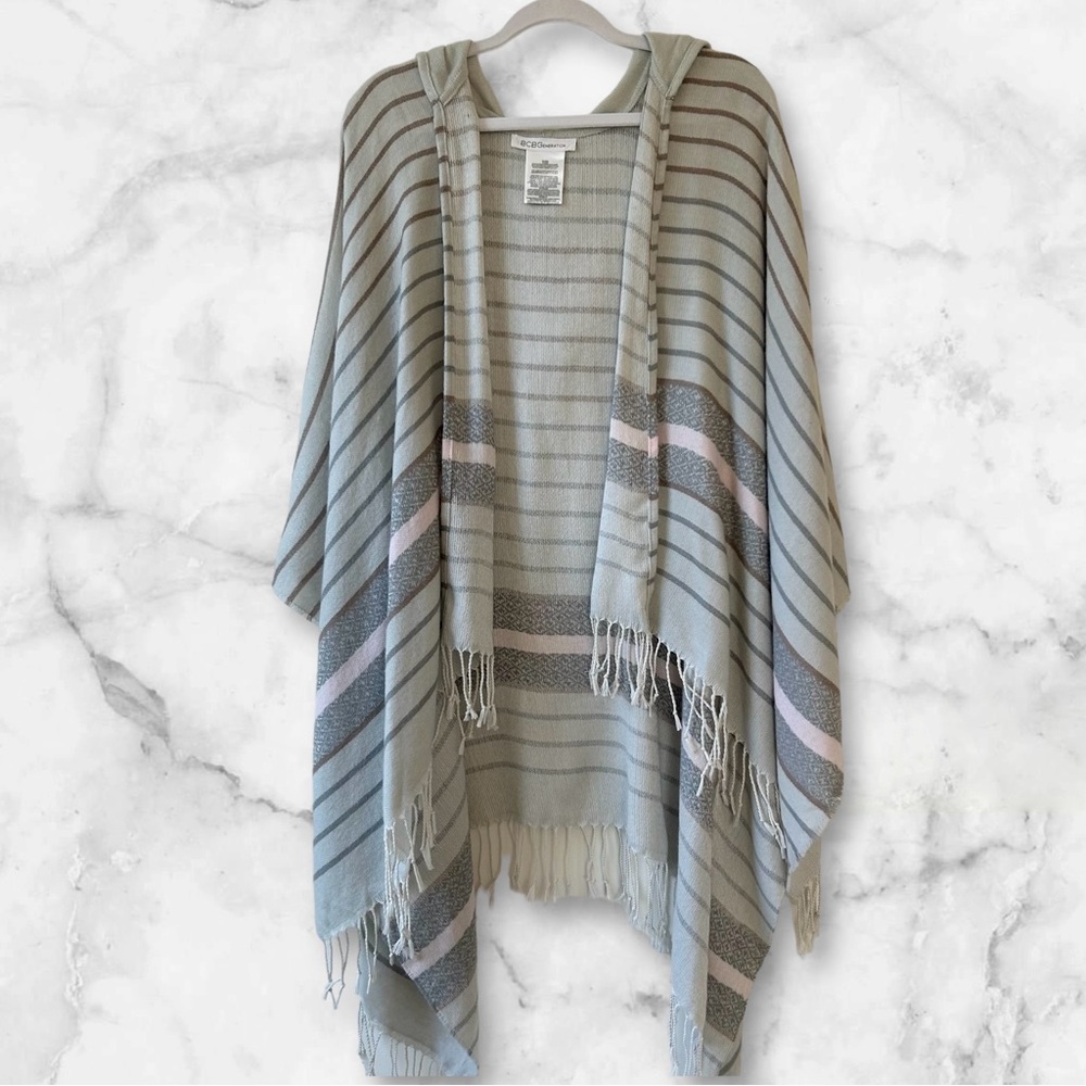 BCBG Women’s Gray Striped Shawl Wrap Fringed Open Cardigan OS